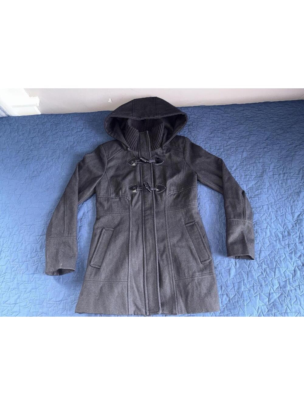 Guess Wool Peacoat S Women Removable Hood Black Pockets Horn Toggle Buttons 90s